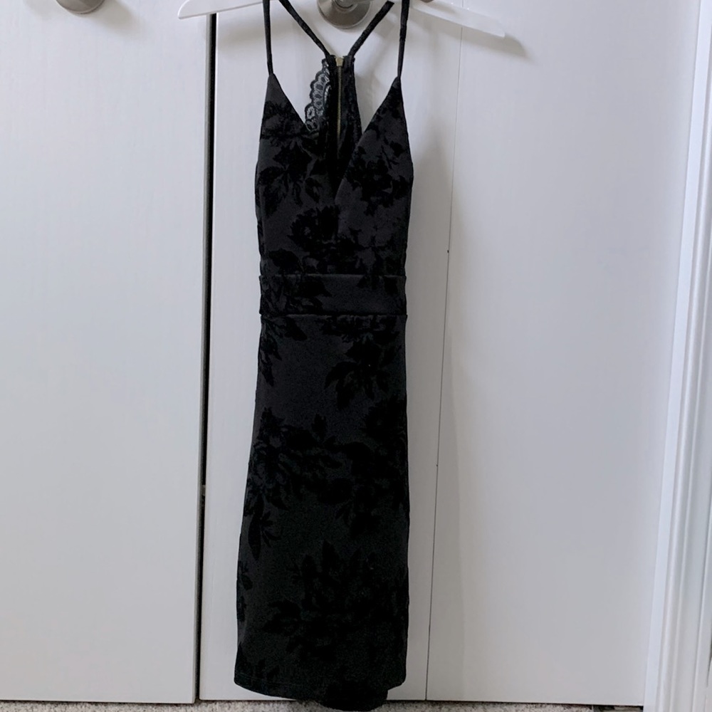 Black body con mini dress with velvet flowers